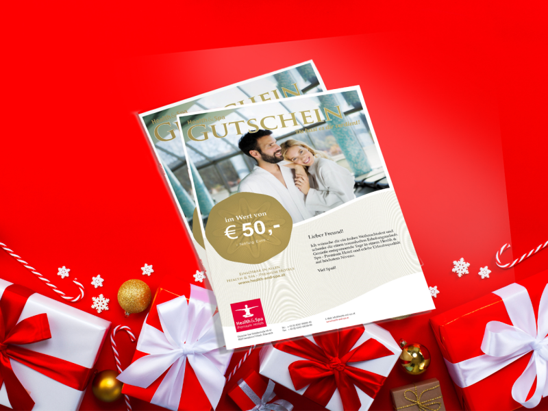 Gutschein Health & Spa auf rotem Hintergrund mit Geschenken